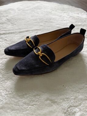 Veronica Beard Navy Suede Loafers with Gold Horsebit